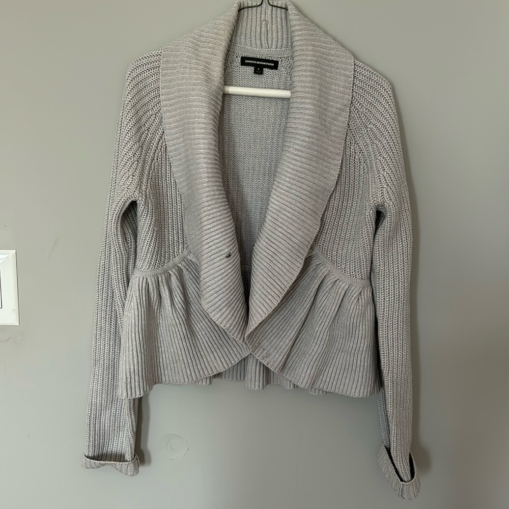 Grey express sweater ruffle trim acrylic and wool